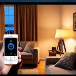 **Smart Home Security:** A cozy living room scene with a lamp turning on automatically via a smart plug timer, creating the illusion someone is home while the owners are away on vacation. Focus on warm lighting and a sense of security.