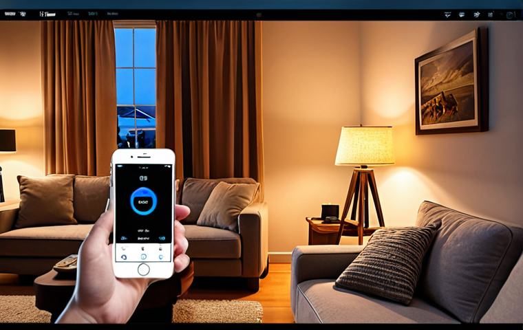 **Smart Home Security:** A cozy living room scene with a lamp turning on automatically via a smart plug timer, creating the illusion someone is home while the owners are away on vacation. Focus on warm lighting and a sense of security.