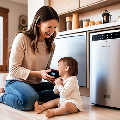 **

A bright, modern living room. A happy couple (one possibly holding a baby) smiles as they interact with a smart speaker. Soft, warm lighting fills the room. In the background, a robot vacuum is cleaning the floor, and the smart refrigerator's screen displays a list of groceries. Style: Clean, contemporary, lifestyle photography. Focus on a feeling of ease and connection.

**