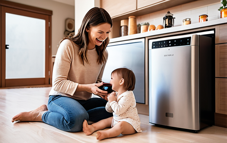 **

A bright, modern living room. A happy couple (one possibly holding a baby) smiles as they interact with a smart speaker. Soft, warm lighting fills the room. In the background, a robot vacuum is cleaning the floor, and the smart refrigerator's screen displays a list of groceries. Style: Clean, contemporary, lifestyle photography. Focus on a feeling of ease and connection.

**