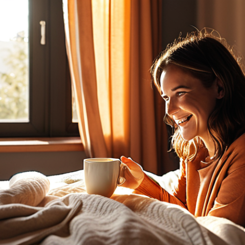 **

`A cozy bedroom scene.  Sunlight streams through open curtains in the background, automatically opened by a smart home system.  A woman is still in bed, smiling slightly, reaching for a cup of coffee on her nightstand.  The overall atmosphere is bright and cheerful, suggesting a relaxed morning routine aided by voice-controlled technology.  Focus on the natural light and the feeling of comfort.  Style: realistic, warm colors.`

**
