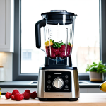 A professional, powerful kitchen blender, made of sleek stainless steel and glass, actively blending vibrant mixed berries, green spinach, and banana slices. The clear glass container shows the swirling, colorful smoothie ingredients in motion. The blender is positioned on a clean, light wooden kitchen countertop, bathed in soft, natural morning light from a window. In the background, a person's well-formed hands, fully clothed in modest, professional casual wear, are gently steadying the blender. Focus is on the blending action. Perfect anatomy, correct proportions, natural pose, proper finger count, natural body proportions, professional photography, high resolution, safe for work, appropriate content, fully clothed, professional, family-friendly.