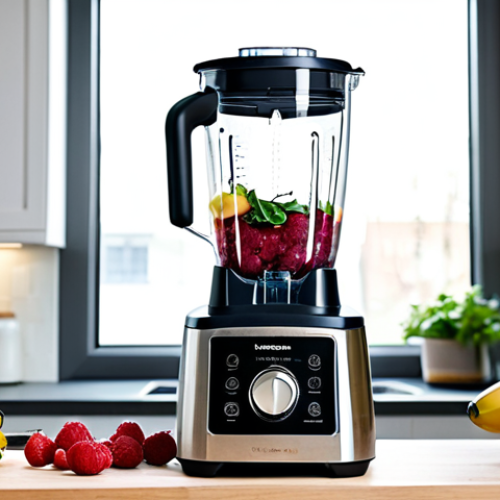A professional, powerful kitchen blender, made of sleek stainless steel and glass, actively blending vibrant mixed berries, green spinach, and banana slices. The clear glass container shows the swirling, colorful smoothie ingredients in motion. The blender is positioned on a clean, light wooden kitchen countertop, bathed in soft, natural morning light from a window. In the background, a person's well-formed hands, fully clothed in modest, professional casual wear, are gently steadying the blender. Focus is on the blending action. Perfect anatomy, correct proportions, natural pose, proper finger count, natural body proportions, professional photography, high resolution, safe for work, appropriate content, fully clothed, professional, family-friendly.