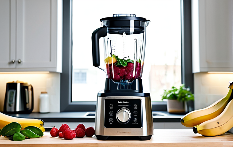 A professional, powerful kitchen blender, made of sleek stainless steel and glass, actively blending vibrant mixed berries, green spinach, and banana slices. The clear glass container shows the swirling, colorful smoothie ingredients in motion. The blender is positioned on a clean, light wooden kitchen countertop, bathed in soft, natural morning light from a window. In the background, a person's well-formed hands, fully clothed in modest, professional casual wear, are gently steadying the blender. Focus is on the blending action. Perfect anatomy, correct proportions, natural pose, proper finger count, natural body proportions, professional photography, high resolution, safe for work, appropriate content, fully clothed, professional, family-friendly.