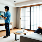 **

A clean and modern living room. A happy family (father, mother, child) is relaxing, fully clothed. An air purifier is visible in the background. Focus on the air purifier's filter being cleaned by the mother. Dust particles are slightly visible being vacuumed off the filter. "Safe for work", "appropriate content", "family-friendly", "fully clothed", "professional photography", "high quality", "perfect anatomy", "natural pose", "modern Japanese interior design", "clean and bright atmosphere".

**