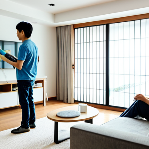**

A clean and modern living room. A happy family (father, mother, child) is relaxing, fully clothed. An air purifier is visible in the background. Focus on the air purifier's filter being cleaned by the mother. Dust particles are slightly visible being vacuumed off the filter. "Safe for work", "appropriate content", "family-friendly", "fully clothed", "professional photography", "high quality", "perfect anatomy", "natural pose", "modern Japanese interior design", "clean and bright atmosphere".

**