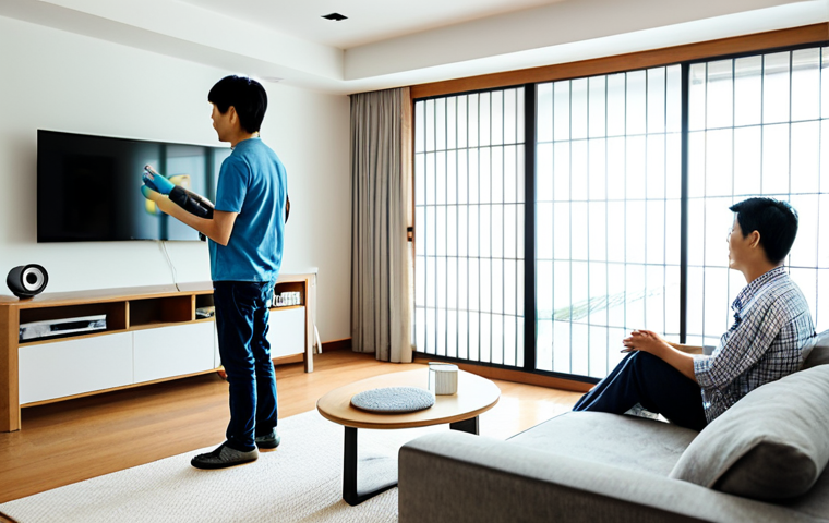 **

A clean and modern living room. A happy family (father, mother, child) is relaxing, fully clothed. An air purifier is visible in the background. Focus on the air purifier's filter being cleaned by the mother. Dust particles are slightly visible being vacuumed off the filter. "Safe for work", "appropriate content", "family-friendly", "fully clothed", "professional photography", "high quality", "perfect anatomy", "natural pose", "modern Japanese interior design", "clean and bright atmosphere".

**