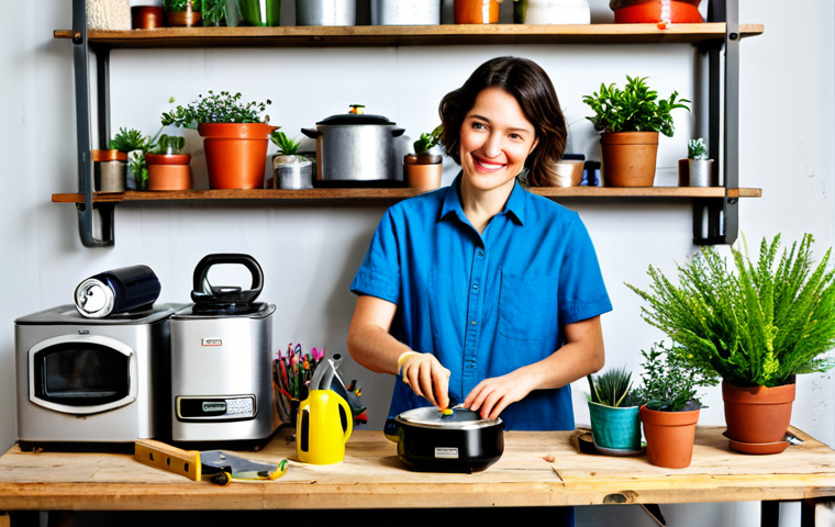 Upcycled Appliance DIY Project**

"A brightly lit workshop scene featuring a person (gender-neutral, 20s-30s) carefully working on an upcycled appliance project. The project is a repurposed vintage rice cooker transformed into a stylish planter with colorful flowers. Various tools and crafting supplies are neatly arranged on a workbench. The person is fully clothed in practical, comfortable clothing appropriate for DIY work. Focus on textures and details: weathered metal, vibrant flowers, and organized workspace. Safe for work, appropriate content, professional, modest. Perfect anatomy, correct proportions, natural pose, well-formed hands, proper finger count, natural body proportions."

**