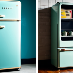 **Image:** A split image. On one side, a vintage refrigerator from the 1970s, slightly worn but functional in a retro kitchen. On the other side, a modern smart refrigerator with a cracked screen and error message, in a sleek, minimalist kitchen.  **Prompt:** "Vintage vs. modern appliances, contrasting durability, 1970s refrigerator, modern smart refrigerator, cracked screen, error message, kitchen setting, dramatic lighting, realistic, high detail, safe for work, appropriate content, fully clothed, professional."