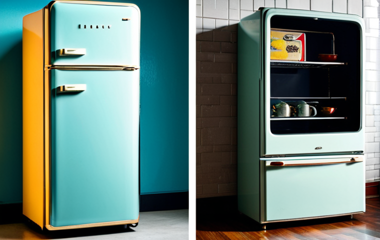 **Image:** A split image. On one side, a vintage refrigerator from the 1970s, slightly worn but functional in a retro kitchen. On the other side, a modern smart refrigerator with a cracked screen and error message, in a sleek, minimalist kitchen.  **Prompt:** "Vintage vs. modern appliances, contrasting durability, 1970s refrigerator, modern smart refrigerator, cracked screen, error message, kitchen setting, dramatic lighting, realistic, high detail, safe for work, appropriate content, fully clothed, professional."