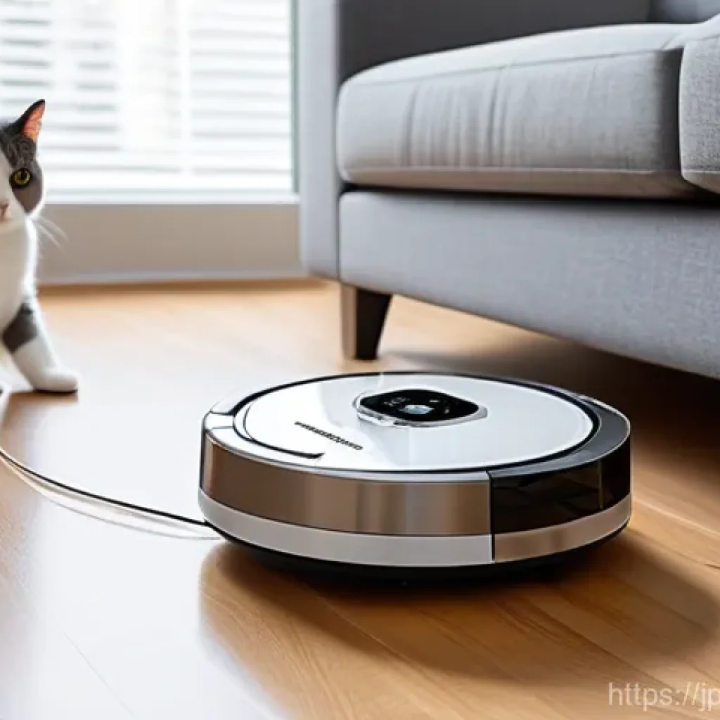 로봇청소기 성능 비교 - **Prompt 1: A smart robot vacuum diligently cleaning a bright, modern living room with powerful suct...
