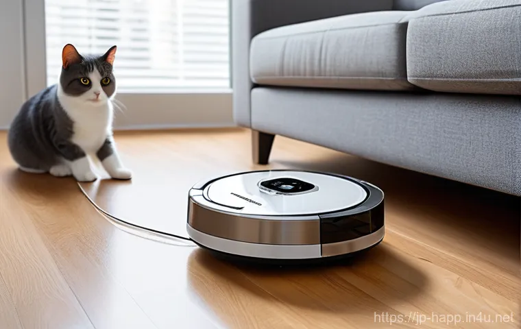 로봇청소기 성능 비교 - **Prompt 1: A smart robot vacuum diligently cleaning a bright, modern living room with powerful suct...