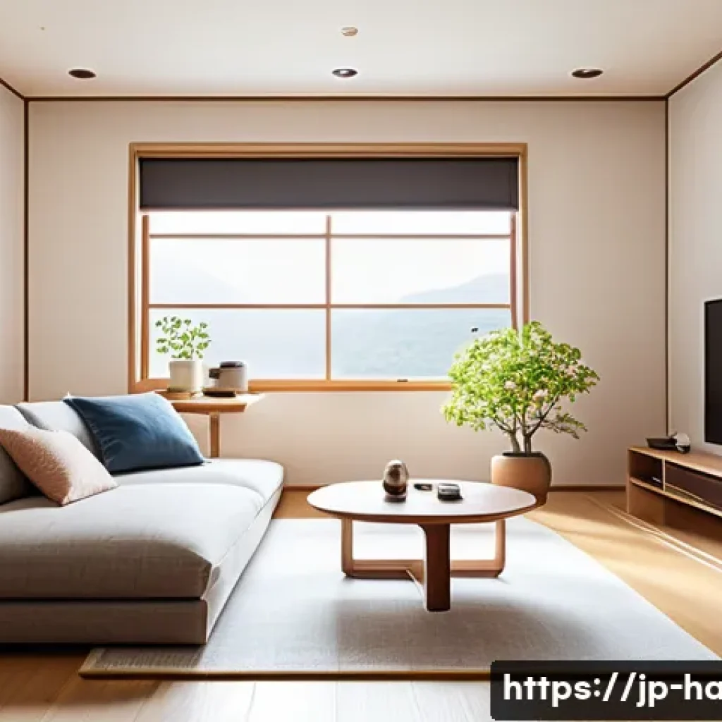 스탠드형 에어컨 추천 - A modern Japanese living room featuring a sleek stand-type air conditioner with a digital display sh...