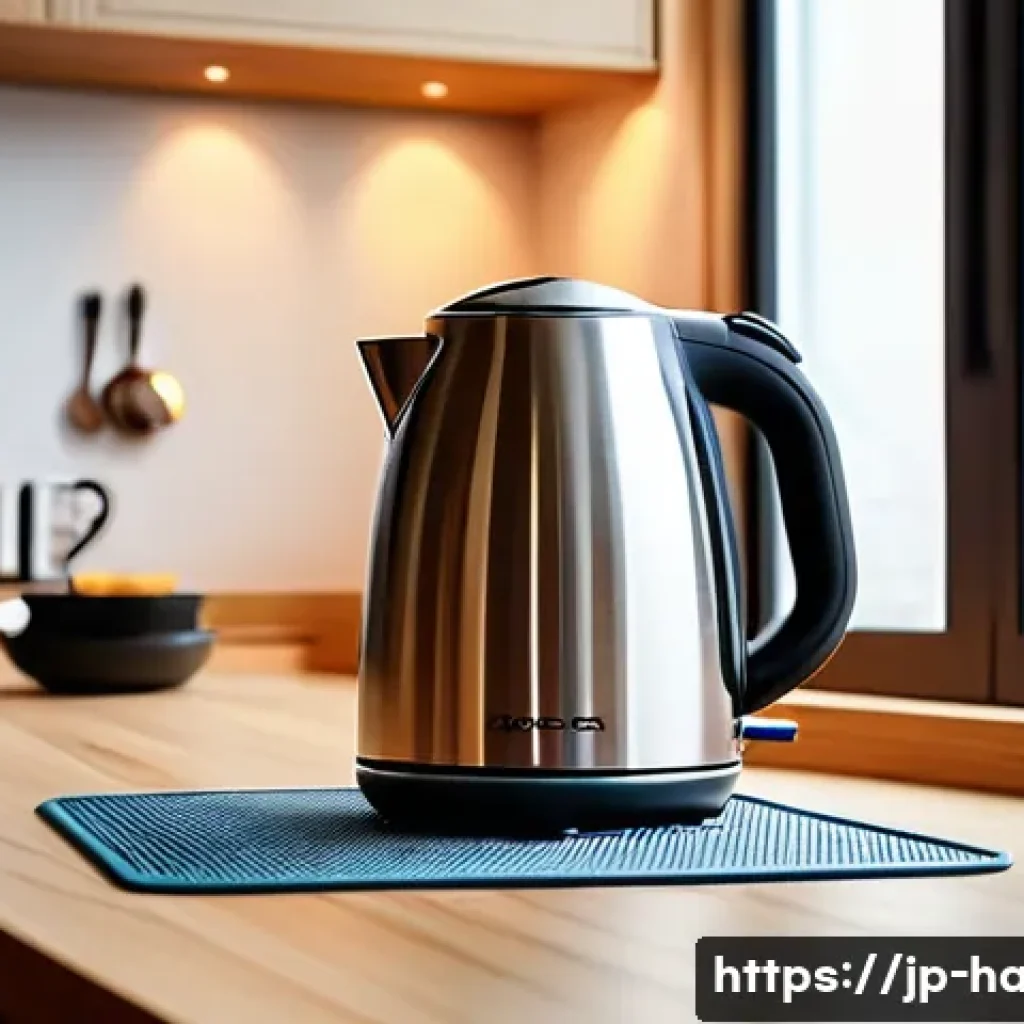 전기주전자 소음 문제 해결 - A modern kitchen scene featuring a sleek electric kettle placed on a thick, soft silicone mat on a w...
