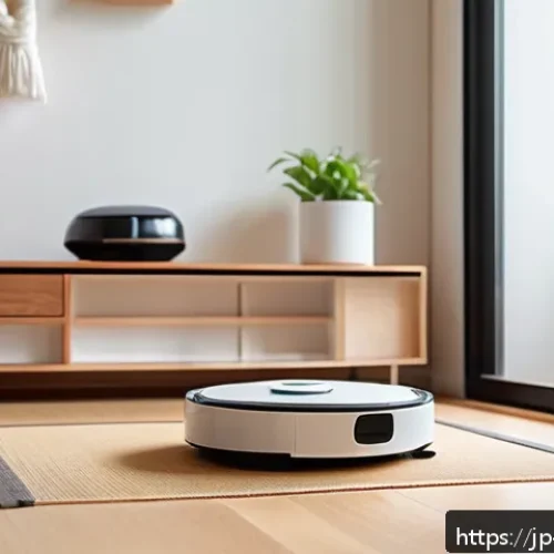 로봇청소기 대여 서비스 - A cozy modern Japanese living room with a compact robot vacuum cleaner navigating smoothly around lo...