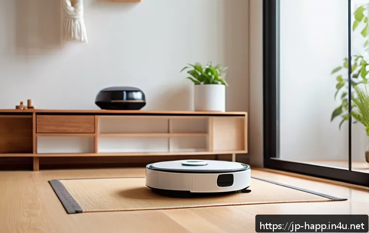 로봇청소기 대여 서비스 - A cozy modern Japanese living room with a compact robot vacuum cleaner navigating smoothly around lo...
