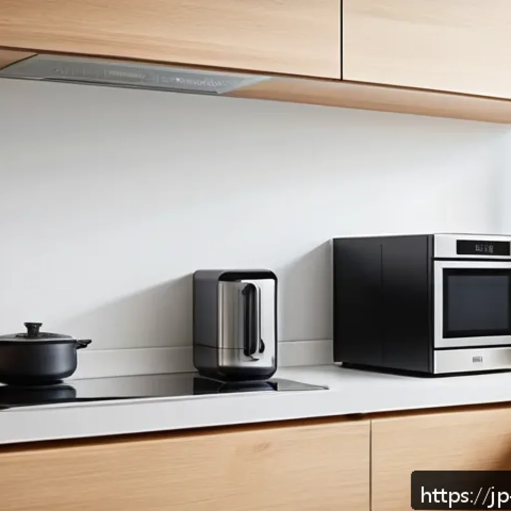 소형 전자레인지 추천 - A modern compact kitchen interior featuring a sleek, matte white microwave oven placed on a small co...