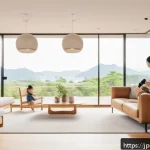 무선 가전의 장점과 단점 - A modern Japanese living room featuring a cordless vacuum cleaner in use, a young mother wearing cas...
