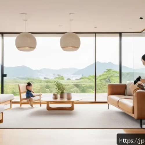 무선 가전의 장점과 단점 - A modern Japanese living room featuring a cordless vacuum cleaner in use, a young mother wearing cas...