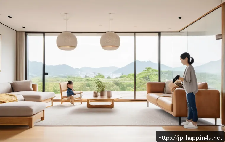 무선 가전의 장점과 단점 - A modern Japanese living room featuring a cordless vacuum cleaner in use, a young mother wearing cas...