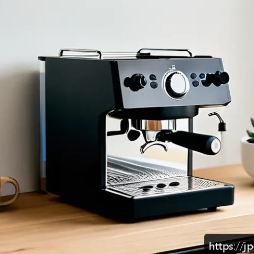 홈카페를 위한 필수 가전 - A modern, stylish home espresso machine setup in a cozy Japanese kitchen with warm natural lighting....