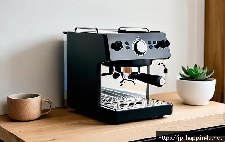 홈카페를 위한 필수 가전 - A modern, stylish home espresso machine setup in a cozy Japanese kitchen with warm natural lighting....