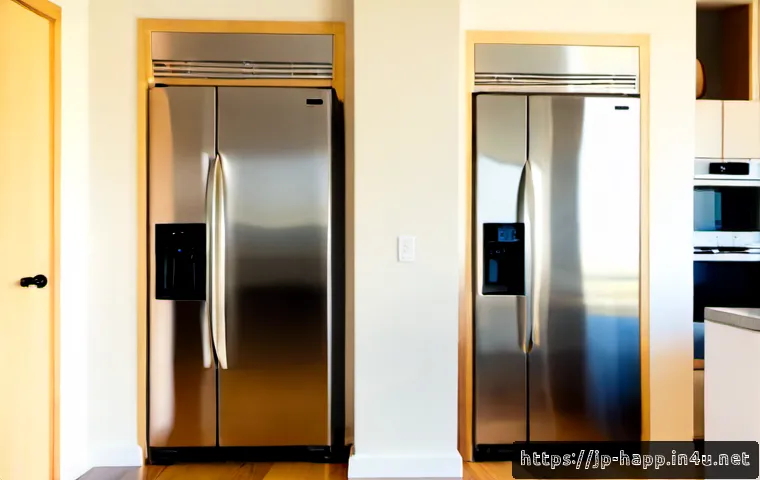 가전제품 브랜드 비교 - Photorealistic modern Japanese apartment kitchen, two premium stainless steel refrigerators position...